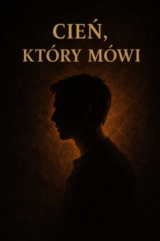 Okładka książki 'Cień, który mówi' — symboliczna, nasycona emocjami sylwetka mężczyzny w cieniu, reprezentująca głęboką introspekcję i psychologiczną podróż w świat wewnętrznych głosów i nieświadomości