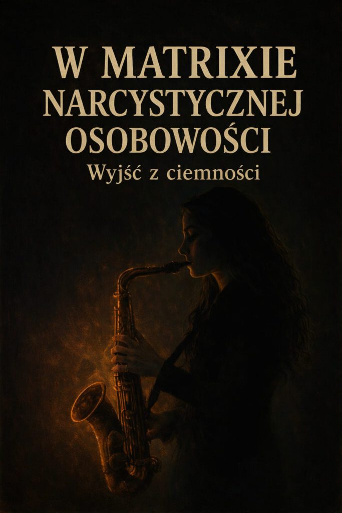 Okładka książki 'W matrixie narcystycznej osobowości: Wyjść z ciemności' — symboliczna grafika kobiety grającej na saksofonie, reprezentująca drogę do uwolnienia i odzyskania własnej tożsamości