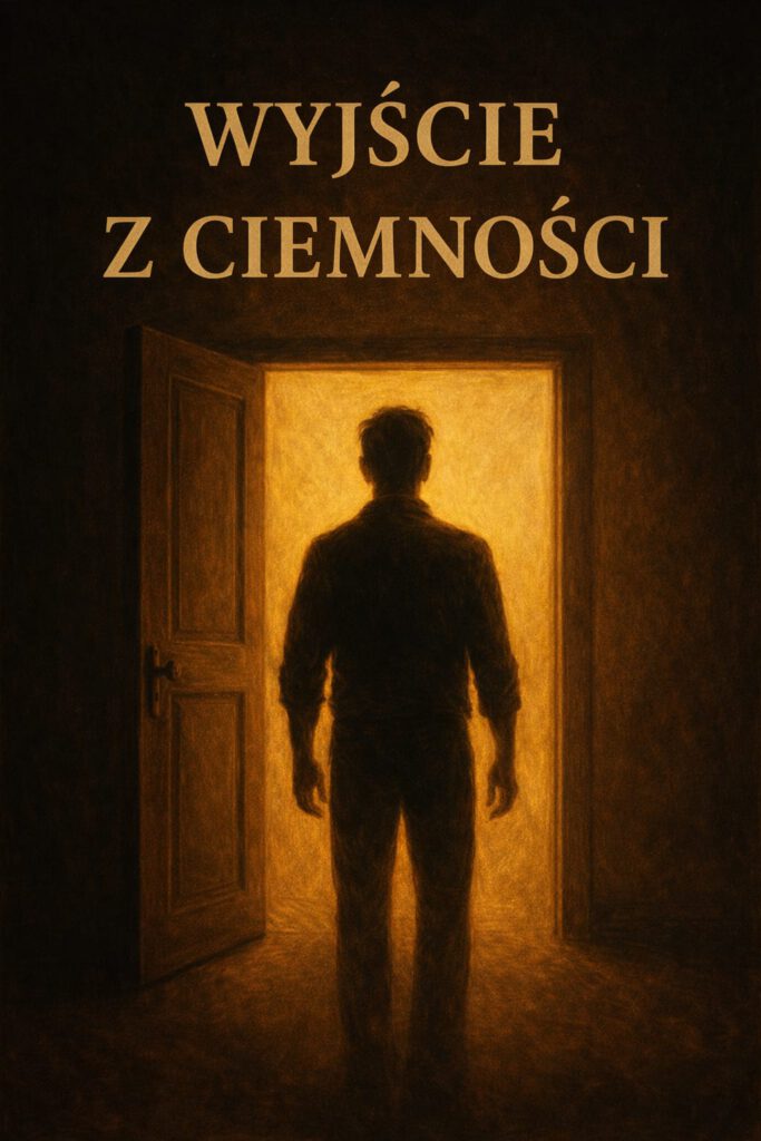 Okładka książki 'Wyjście z ciemności' — symboliczna sylwetka mężczyzny stojącego w otwartych drzwiach, z których wydobywa się światło, reprezentująca nadzieję, przemianę i drogę do wewnętrznej wolności