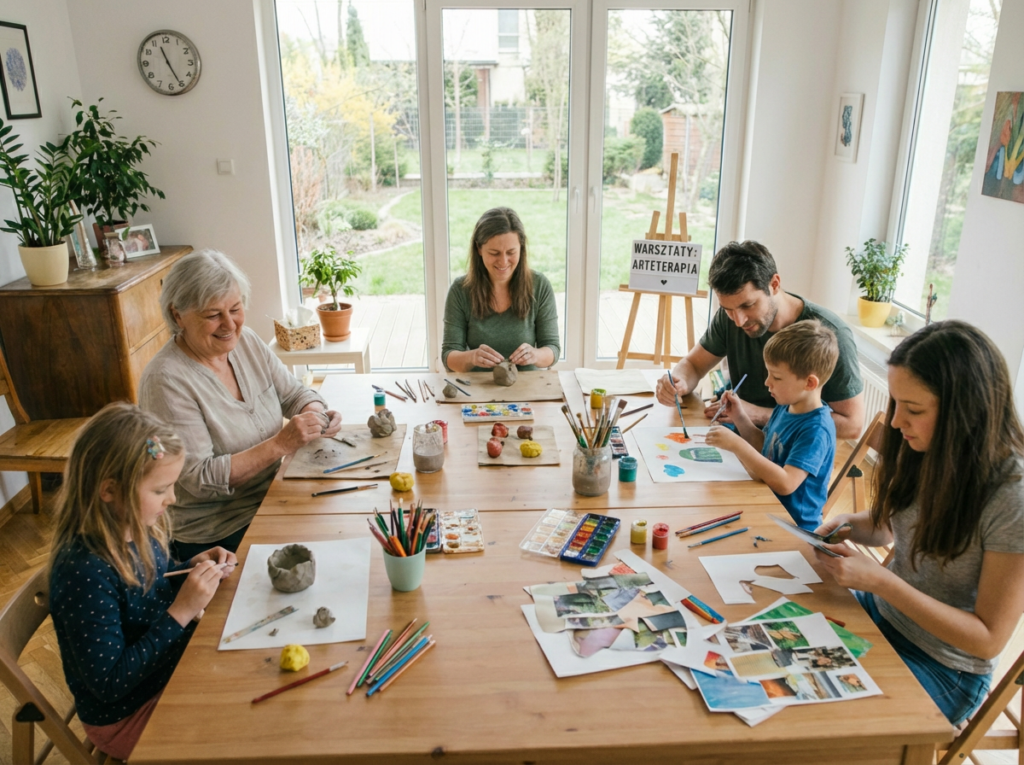 Rodzinne warsztaty arteterapii w domu – dorośli i dzieci wspólnie malują farbami, lepią z gliny i tworzą prace plastyczne przy drewnianym stole w jasnym salonie z widokiem na ogród.