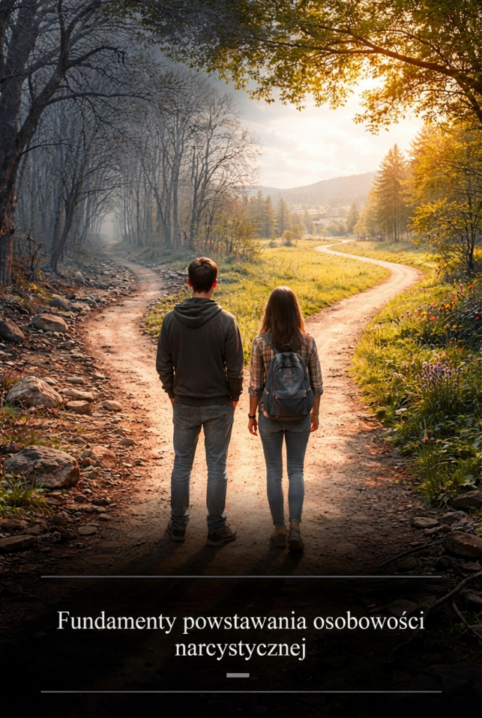 Para stojąca na leśnej drodze w słoneczny dzień — symbol wsparcia i relacji w terapii osobowości narcystycznej, fundamenty powrotu do zdrowia i równowagi psychicznej