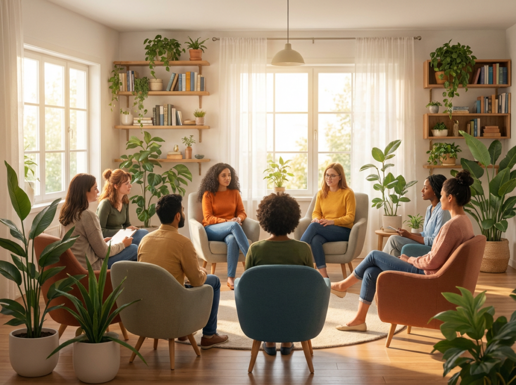 Spotkanie grupy wsparcia w nasłonecznionym salonie — uczestnicy dzielą się doświadczeniami w przyjaznej atmosferze, otoczeni roślinami i naturalnym światłem, sprzyjającym otwartej rozmowie i rozwojowi osobistemu