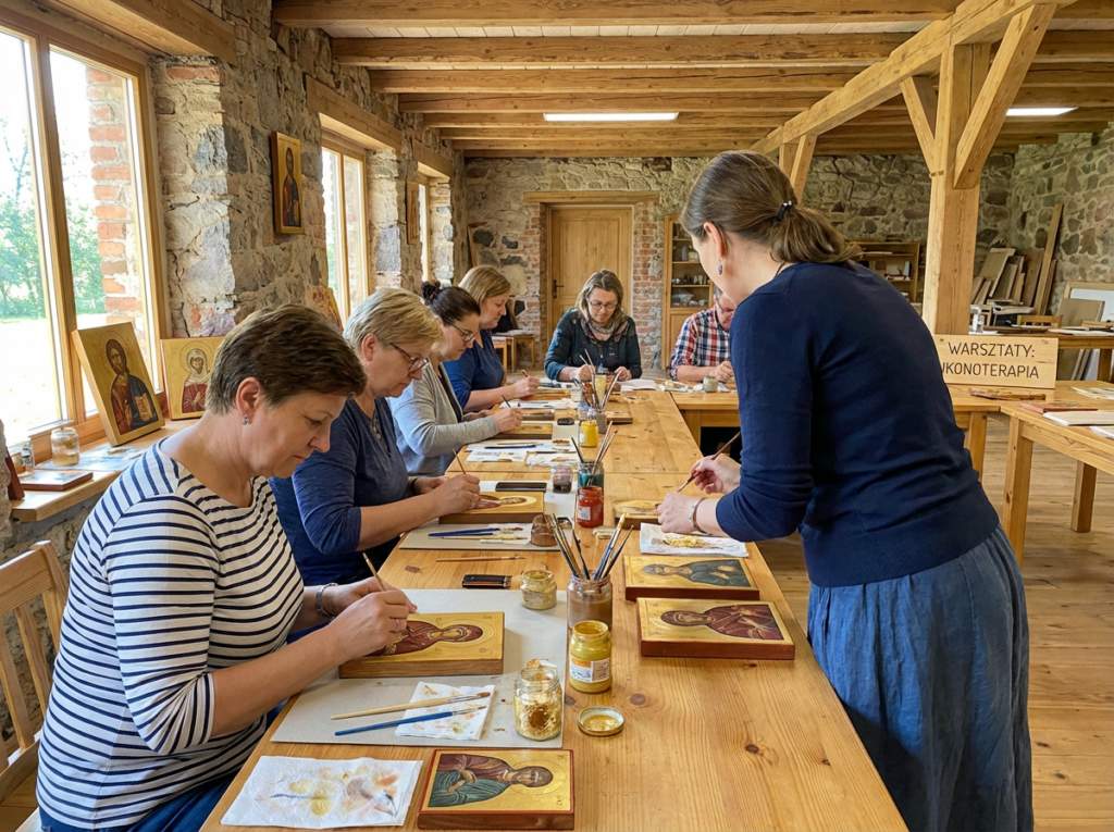 Warsztaty ikonopisania — grupa uczestników maluje tradycyjne ikony religijne pod okiem instruktora w rustykalnej pracowni artystycznej, kurs ikonoterapii i sztuki sakralnej dla dorosłych