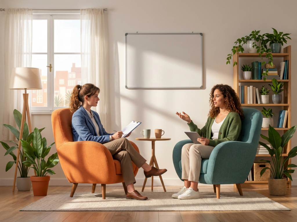 Profesjonalna konsultacja psychologiczna lub coachingowa w przytulnym gabinecie — rozmowa terapeutyczna z notatkami, tablicą i roślinami, stworzona do wsparcia rozwoju osobistego i zawodowego