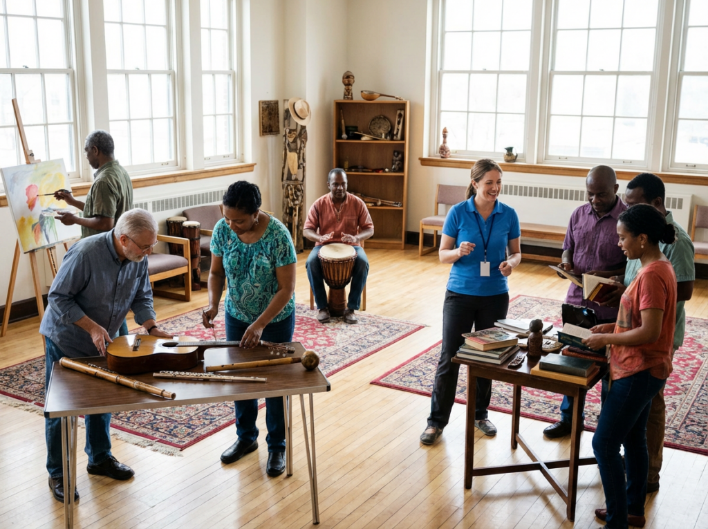 Zajęcia artystyczno-terapeutyczne dla seniorów — warsztaty muzyczno-plastyczne, malowanie, gra na instrumentach i integracja grupowa w świetlicy socjoterapeutycznej