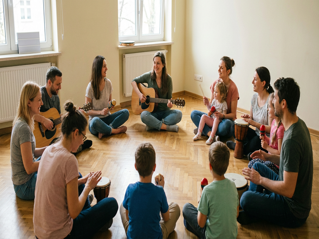 Grupa dorosłych i dzieci siedzi w kręgu na drewnianej podłodze w jasnym pomieszczeniu, wspólnie grając na gitarach i prostych instrumentach perkusyjnych podczas zajęć muzycznych.