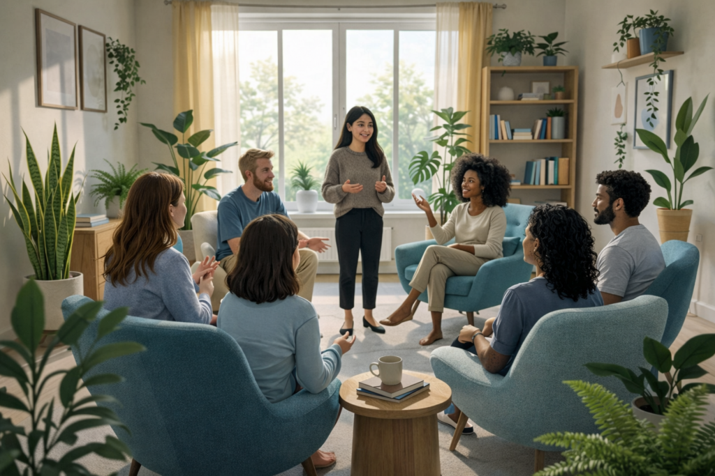 Terapia grupowa w przytulnym salonie — prowadząca moderuje dyskusję uczestników, sesja wsparcia psychologicznego w jasnym, pełnym roślin wnętrzu sprzyjającym otwartej komunikacji i rozwojowi osobistemu