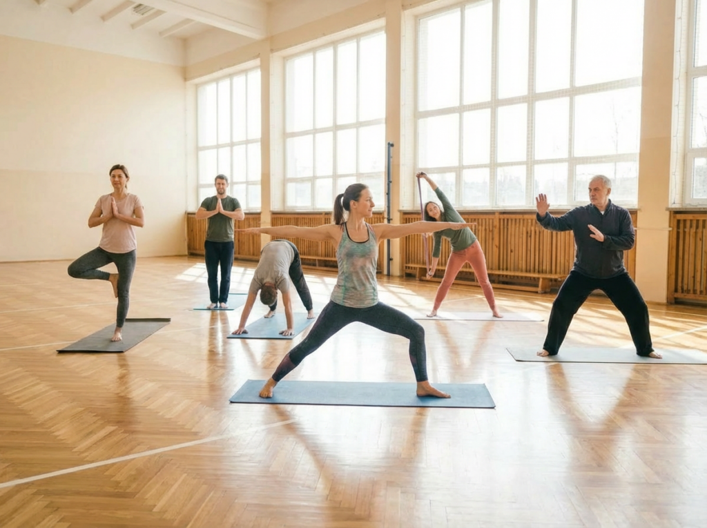 Grupowe zajęcia jogi w jasnej sali z dużymi oknami – kobiety i mężczyźni wykonują asany na matach, w tym pozycję wojownika, podczas treningu poprawiającego elastyczność, równowagę i zdrowie kręgosłupa.