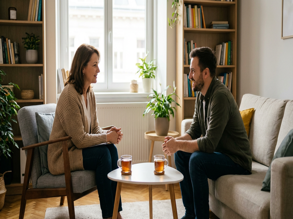 Para rozmawiająca w przytulnym salonie z filiżankami herbaty — wsparcie psychologiczne i doradztwo małżeńskie w domowym zaciszu