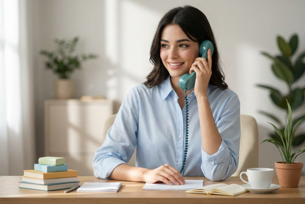 Specjalista ds. wsparcia rozmawia przez telefon z troskliwym wyrazem twarzy, siedząc przy biurku z laptopem, notatnikiem i filiżanką kawy. W tle okno z naturalnym światłem i rośliny, co tworzy atmosferę profesjonalizmu i empatii.