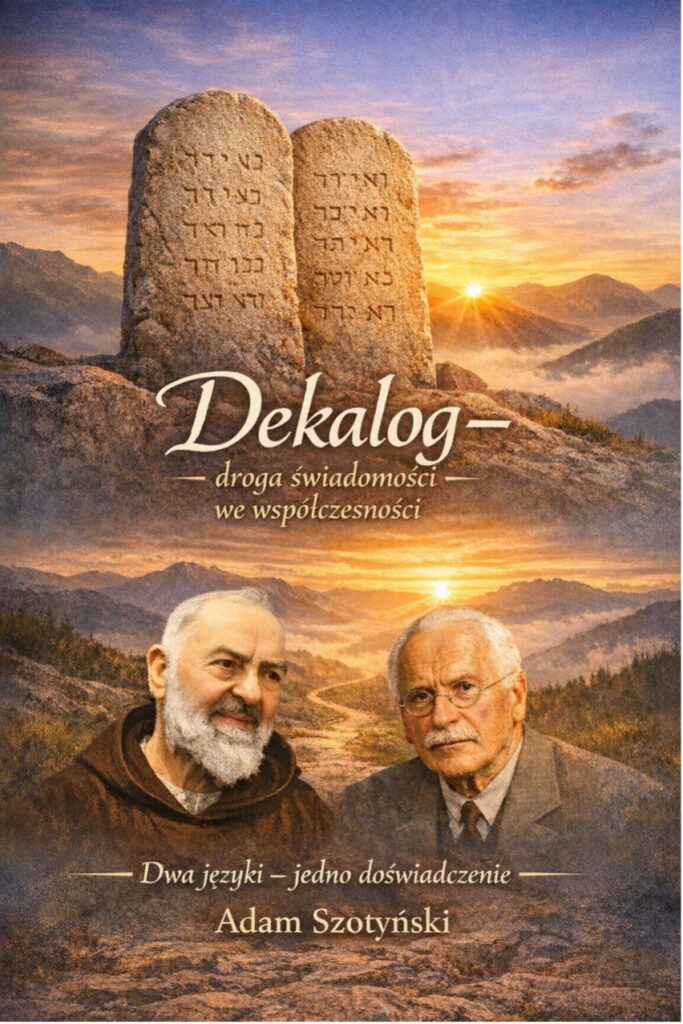 Okładka książki 'Dekalog – droga świadomości we współczesności' autorstwa Adama Szotyńskiego, prezentująca dwa języki jednego doświadczenia w kontekście tablic z Dekalogiem i górskim krajobrazem