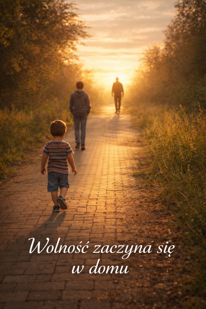 Chłopiec na ścieżce o zachodzie słońca, w tle dwie sylwetki; na dole napis „Wolność zaczyna się w domu”.