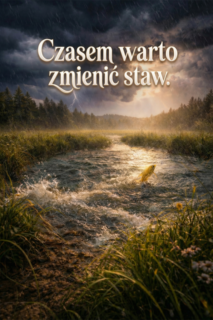 Malowniczy krajobraz z rzeką płynącą przez zieloną łąkę, otoczoną lasem. Na niebie widoczne są burzowe chmury z błyskawicą. Na pierwszym planie ryba skacze w wodzie. Na grafice znajduje się napis: 'Czasem warto zmienić staw.'