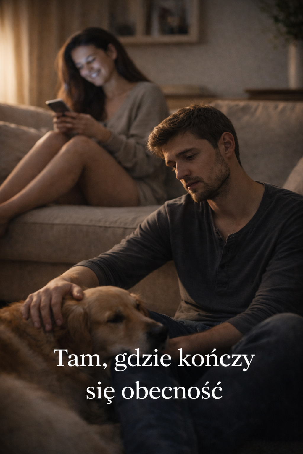 Para siedzi na kanapie w przytulnym salonie wieczorem. Mężczyzna głaszcze psa, a kobieta uśmiecha się, trzymając telefon. Na pierwszym planie widnieje napis: 'Tam, gdzie kończy się obecność'.