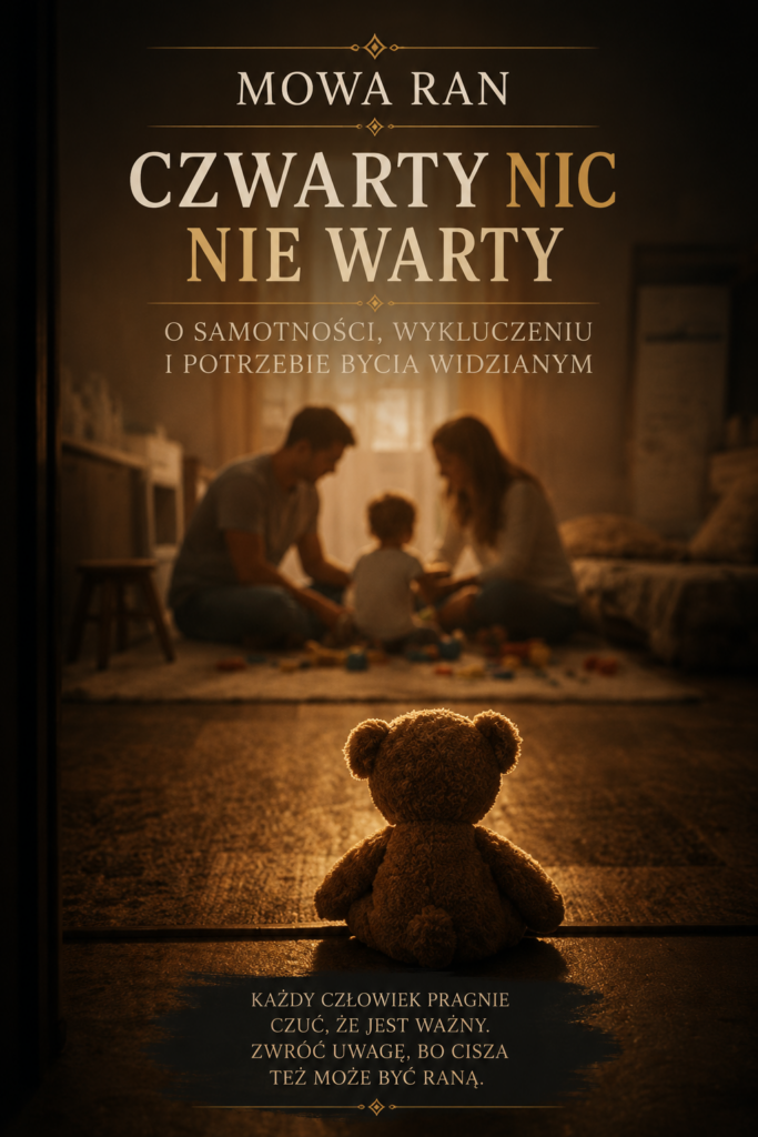 Pluszowy miś siedzi na podłodze w ciepłym świetle, patrząc w kierunku rodziców i dziecka bawiącego się w tle. Na grafice znajduje się napis: 'Czwarty nic nie warty o samotności, wykluczeniu i potrzebie bycia widzianym'.