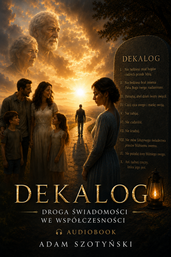 Cinematiczny plakat audiobooka przedstawiający złotą drogę prowadzącą ku zachodzącemu słońcu. Po lewej stronie stoi uśmiechnięta rodzina z dwójką dzieci, nad nimi w chmurach widoczne są twarze starszych ludzi symbolizujące przodków lub duchowe autorytety. Po prawej młoda kobieta stoi zamyślona obok kamiennej tablicy z Dziesięcioma Przykazaniami. Na dole znajduje się duży złoty napis ‘DEKALOG’ o równych literach oraz podtytuł ‘Droga świadomości we współczesności’, a niżej napis ‘Audiobook – Adam Szotyński’. Całość utrzymana jest w ciepłych, złoto-brązowych barwach i filmowym klimacie