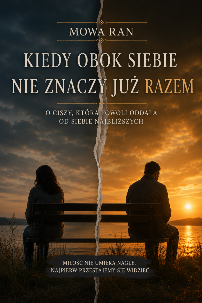 Plakat w pionowym formacie przedstawiający kobietę i mężczyznę siedzących na ławce tyłem do siebie podczas zachodu słońca nad jeziorem. Obraz jest symbolicznie podzielony pionowym rozdarciem biegnącym przez środek, oddzielającym chłodne niebieskie niebo po lewej stronie od ciepłych pomarańczowych barw po prawej. Nad postaciami widnieje duży napis: ‘Kiedy obok siebie nie znaczy już razem’, a poniżej podtytuł: ‘O ciszy, która powoli oddala od siebie najbliższych’. Na dole plakatu znajduje się cytat: ‘Miłość nie umiera nagle. Najpierw przestajemy się widzieć.’ Całość utrzymana jest w melancholijnym, filmowym klimacie.