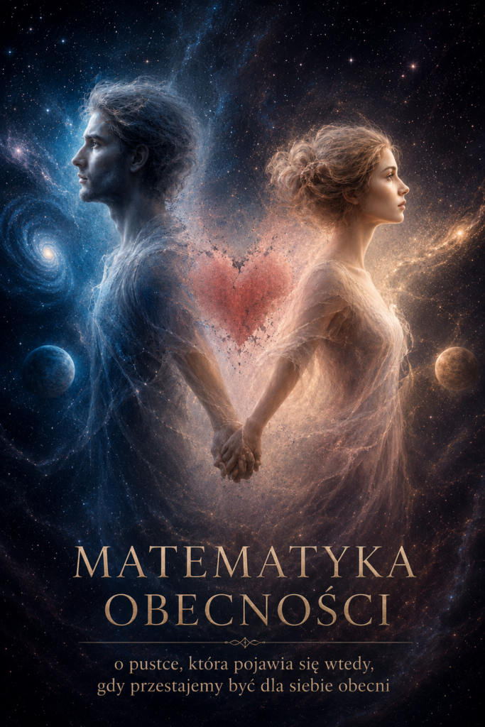 Okładka w stylu fantasy i kosmicznym. Na tle rozgwieżdżonego wszechświata stoją zwrócone plecami do siebie dwie eteryczne postacie – mężczyzna po lewej w chłodnych, niebieskich tonach i kobieta po prawej w ciepłych, złotych barwach. Trzymają się za ręce, a pomiędzy nimi unosi się pękające, różowe serce. W tle widoczne są galaktyki, mgławice i planety, podkreślające kontrast między chłodnym i ciepłym światłem. W dolnej części znajduje się tytuł „MATEMATYKA OBECNOŚCI” oraz podtytuł: „o pustce, która pojawia się wtedy, gdy przestajemy być dla siebie obecni”. Całość tworzy nastrojową, romantyczną i metaforyczną kompozycję o bliskości, oddaleniu i emocjonalnej więzi.